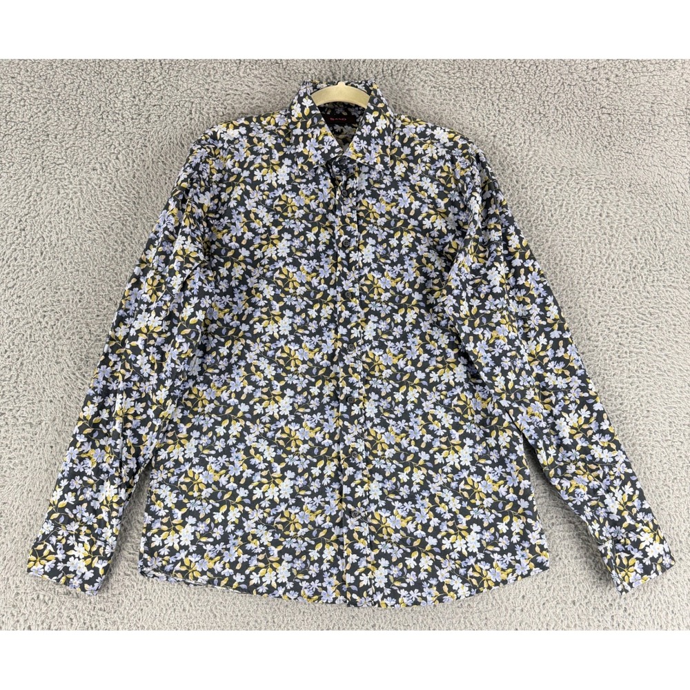 Sand Button Up Shirt Mens Large 42 Blue Black Floral Cotton Portugal Long Sleeve